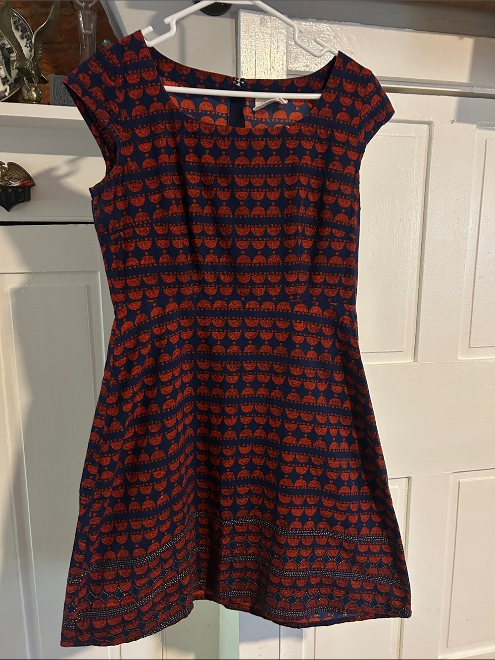 Mata Traders Navy & Red Patterned Tulip Dress with Cap Sleeves